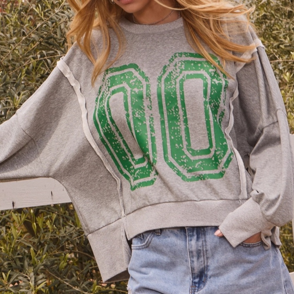 French Terry Solid Lettering Lightweight Sweatshirt Heather Gray w/ Green - Picture 4 of 7